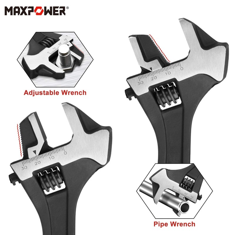 MAXPOWER Adjustable Wrench 250mm, 3-in-1 Multifunctional Adjustable Spanner with Pipe