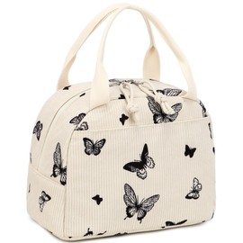 LEDAOU Lunch Box for Women Insulated Lunch Bag Corduroy Lunch Tote Bags Leakproof Cooler Lunch Case for Travel Work Picnic (Corduroy Beige-Butterfly)