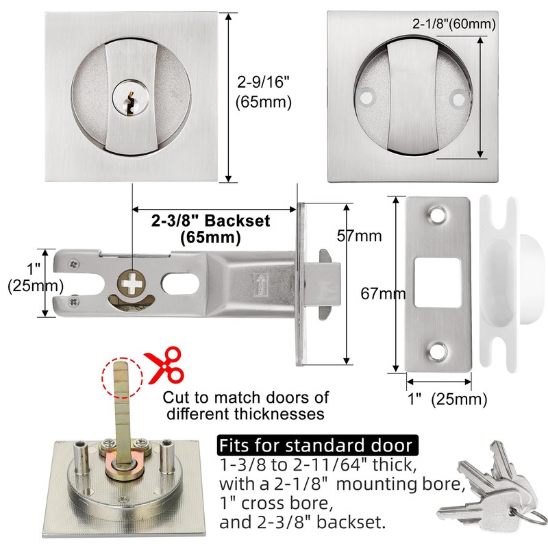 Malimali Pocket Door Lock with Key, Brushed Steel Pocket Door