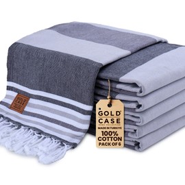 Gold CASE Turkish Beach Towel Set of 6 – 100% Cotton Large Turkish Bath Towels 70 x 38'' – OLYMPOS Extra Large, Quick Dry & Sand Free Towels – Peshtemal for Pool – Black