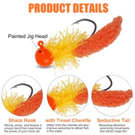 Crappie Jigs Fishing Lures Kit, Marabou Jig Heads with Hand-Tied Maggot Tail Fishing Hair Jigs for Panfish Sunfish Walleye 25pcs 1/8oz