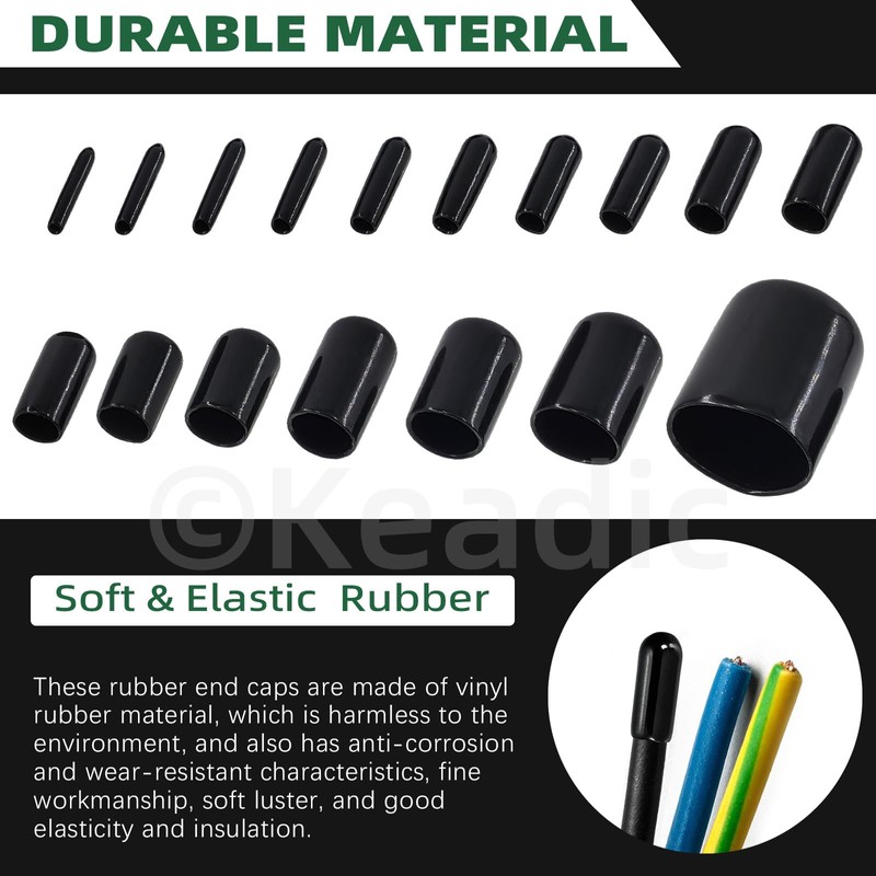 Keadic 496pcs Black Rubber End Caps, 17 Sizes Flexible End