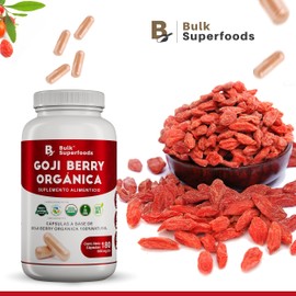 BULK SUPERFOODS | Goji 100% Natural | 180 Capsulas – 500 mg c/u – Sin Gluten | Suplementos Alimenticios a Base de Bayas de Goji Orgánicas