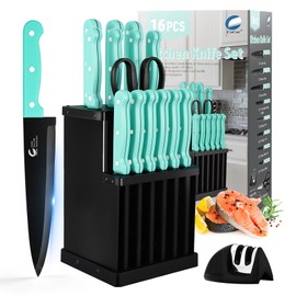 CuCut 16-Piece Kitchen Knife Set with Block - High Carbon Stainless Steel Knives, Black Non-Stick Coating, Triple Riveted Forged Turquoise Handle, Dishwasher Safe, Includes Knife Sharpener, Scissors