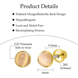 Limerencia Titanium Earrings, 20G 6mm Hypoallergenic Cat's Eye Screw Back Earrings for Sensitive Ears, Implant Grade Pure G23 Titanium Studs, Jelly Gold Tone, Minimalist Stud Earrings for Women