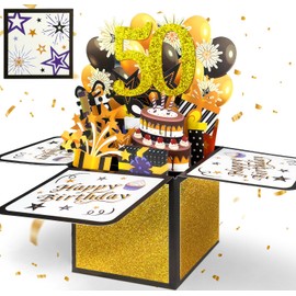 YianHien 50th Birthday Card for Men, 3D Pop Up Birthday Greeting Cards for Husband Brother Male & Female Friend, Black Gold 50th Happy Birthday Decorations Gifts for Him Her Women