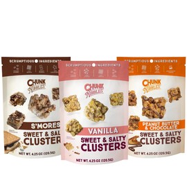 Chunk Nibbles Variety Snack Pack - S'mores, Vanilla, & Peanut Butter Chocolate Clusters - Gourmet Sweet & Salty Treat - Handcrafted, No Artificial Colors - 4.25oz Resealable Pouch (3 Pack)