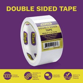 ATack Double-Sided Tape White, 2 Inches x 10 Yards, Heavy Duty Double Sides self Sticky Wall Fabric Tape for Wood Templates, Furniture, Leather, Curtains and Craft