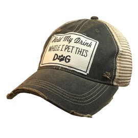 VINTAGE LIFE Hold My Drink While I Pet This Dog Distressed Trucker Cap, One Size, Black, Cotton and Polyester, Headgear, Hat, Headwear