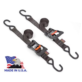 PowerTye 1.5in x 7ft Ergonomic Locking Ratchet Straps with Heavy-Duty S-Hooks - Made in USA - 1,000 lb. Working Load Limit / 3,000 lb. Breaking Strength - Black (Pair)