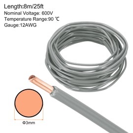 MECCANIXITY 25 Feet Electrical Wire Insulated Solid Copper 12 AWG Hook Up Wire Cable THHN Wire Residential, Industrial, Grounding, Electrical Rated for 600 Volts, UL Listed, Gray