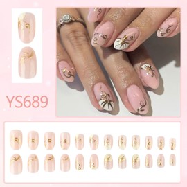 Onsdag Press on Nails Oval Shaped Glossy Full Cover Acrylic French Short False Nails with Designs Artificial Oval Fake Nails with Charms Glue Stick ons Fingernails for Women Girls(YS689)