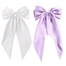 Beleki Purple Hair Bows White Hair Bows for Women, Solft SIilky Satin Bow with Long Tail Oversized Hair Bow Clips French Barrettes Coquette Bow Hair Accessories for Women & Girls (2 Pack)