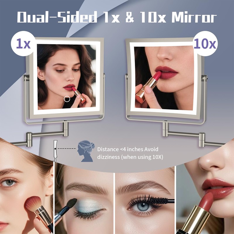 Wall Mounted Makeup Mirror with Lights 4000mAh Rechargeable Double Sided