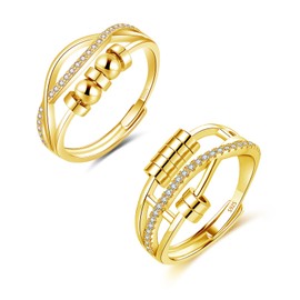 Deyanse Silver Anxiety Ring for Women, 2 Pieces 925 Sterling Silver Anti-Stress Ring Set, Anxiety Rings with Pearls Zirconia, Open Adjustable Spinner Fidget Rings, Rotating Decompression Ring for