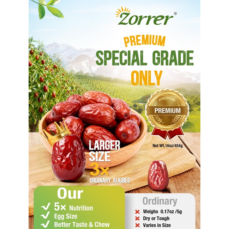 Zorrer Premium Jumbo Red Dates, 1 lb, Sun-Dried Jujube, No