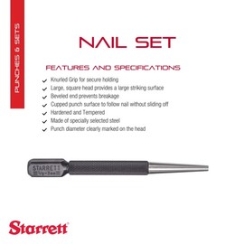 Starrett Nail Set with Large Square Head, Beveled End and Knurled Grip for Secure Holding - Hardened and Tempered Steel, 4" Length, 1/8" Punch Diameter - 800D