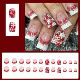 LBPEPAMZ Christmas Press on Nails Medium Square Fake Nails with Xmas Gradient Snowflake Designs White Red Glitter French Tips Acrylic Nails False Nails Full Cover Glossy Stick on Nails for Women 24Pcs