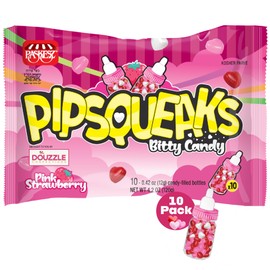DOUzzle Baby Shower Party Favors - Pipsqueaks Bitty Candy, Pink Strawberry Candy-Filled Bottles (10 Count, Pack of 1) Individually Wrapped Candies, Birthday Goodie Bags Stuffers - Kosher Parve