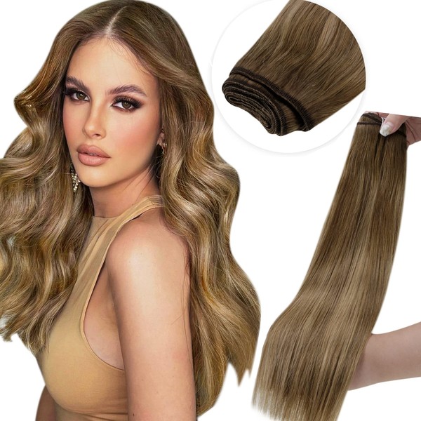 LaaVoo Real Hair Wefts for Sewing In, 100 g Weft Extensions, One Piece, Straight, 50 cm, Ombre, Weave, Light Brown, Balayage, Ombre, Golden Blonde, #8/16/8