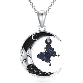 Flpruy Butterfly Necklace 925 Sterling Silver Butterfly Jewelry Gifts for Women Butterfly Gothic Pendant Black Crescent Moon Necklace Jewelry for Women