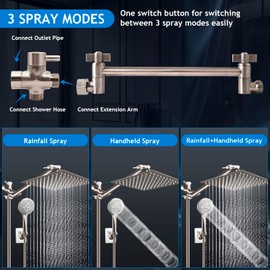 Shower Head Combo(Brushed Nickel),10'' High Pressure Rain Shower Head with 11'' Adjustable Extension Arm and 5 Settings Handheld,Powerful Shower Spray Against Low Pressure Water