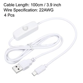MECCANIXITY USB Cable with 501 ON/Off Switch, USB Male to Micro USB Male Power Cable 100cm for Digital Equipment LED Desk Lamp LED Strip White Pack of 4