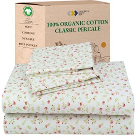 California Design Den Queen Sheet Set Floral, 100% Organic Cotton Percale Sheets, Deep Pocket Queen Sheets & Pillowcase Set - Floral