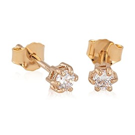 NKlaus Pair of Stud Earrings Gold-Plated White Cubic Zirconia Solitaire 3 mm Claw Setting Women's Earrings 5357, Yellow Gold