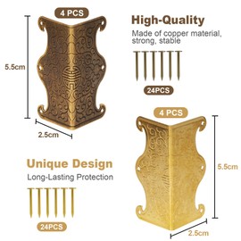 4 Pcs Baseboard Corner Protectors,Vintage Metal Skirting Board Corner Protectors for File Boxes,Bookshelves,Wooden Cases,Jewel Cases Decorative (Bronze)