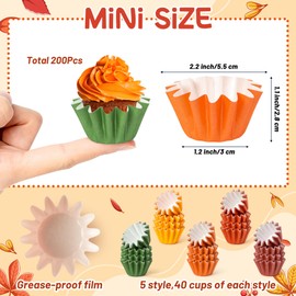 R HORSE Fall Mini Size Cupcake Liners - 200Pcs Autumn Grease-resistant Cupcake Cups for Baking, Heavy Duty Paper Muffin Baking Cups for Fall Autumn Thanksgiving Party Housewarming Gifts