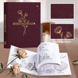 Lanpn Travel Diary Notebook for Women and Men, Linen Travel Diary for Filling in Photo Book Travel Journal with Prompts, Travel Book Holiday Journal Anniversary Travel Gifts (Burgundy, 110 Pages)
