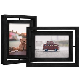 Egofine 2 Pack 4x6 Rotating Floating Picture Frames,Double-Sided Display with HD Glass Front Wooden Distressed Frame for Vertical or Horizontal Tabletop Display, Black