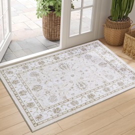 Smiry Floral Area Rug, 2x3 Vintage Print Pattern, Machine Washable Non-Slip Floor Carpet, Low Pile Throw Rugs for Living Room, Bedroom, Dining Room, Laundry Indoor Home Decor, Beige