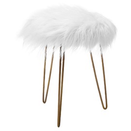 BIRDROCK HOME Round Faux Fur Foot Stool Ottoman - White with Pale Gold Legs - Soft Compact Padded Vanity Seat - Bedroom Kids Room Chair - Hair Pin Metal Legs - Fluffy Makeup Seat