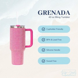 Sip+Sea Grenada 40oz Rhinestone-Encrusted Insulated Tumbler - Premium Bling Stainless Steel Water Bottle with Handle, Double Wall Vacuum Technology, Includes Leakproof Lid and Straw