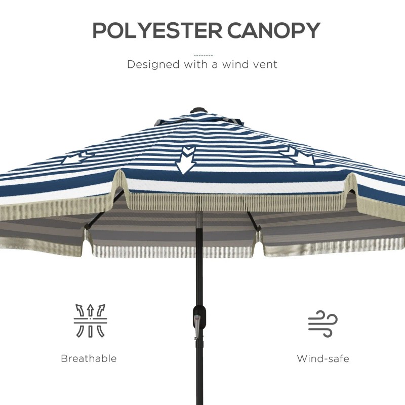 9ft Blue Stripe Garden Umbrella with Tilt Crank and Ruffled