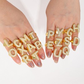 Gold Initial Ring for Women Rhinestone Letter Open Rings Gold Chunky Ring Adjustable Puffy Initial Ring for Party Birthday Jewelry Gifts