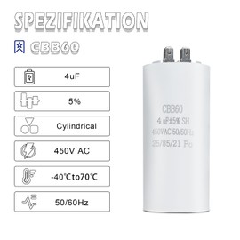 Iruihoo CBB60 4UF Capacitor, 50/60Hz 450V Starting Capacitor, Motor Running Capacitor, Plug for Electric Motor