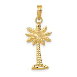 14K Gold Polished and Textured 2-D Palmetto Palm Tree Pendant, 14k Yellow Gold