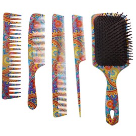 The Oriental Hair Brush and Comb Set by BeaverStrong - Far East All Purpose Large Paddle Brush and Combs Kit for Men and Women (5-Pack)
