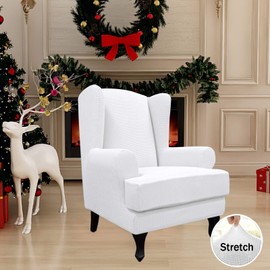 Easy-Going Stretch Wingback Chair Sofa Slipcover 2-Piece Sofa Cover Furniture Protector Couch Soft with Elastic Bottom, Spandex Jacquard Fabric Small Checks, Snow White