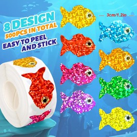 500Pcs 1.2 Inch Holographic Glitter Goldfish Stickers Roll, Waterproof Vinyl Cute Fish Sealing Labels for Water Bottle Tumbler Laptop Journal Scrapbooking, DIY Craft Decor Reward Gifts for Kids Adults