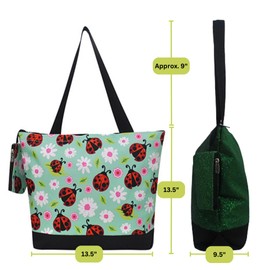 NGIL Medium Top Zipper Closure Canvas Tote Bag with Attached Matching Coin Purse For Moms, and Nurses (Lady Bug-Black)