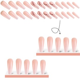 Coffin Press on Nails Long False Nails with Marble & Glitter Designs Gradient Fake Nails Acrylic Nails Press ons Glossy Glue on Nails Light Pink Full Cover Stick on Nails for Women 24Pcs