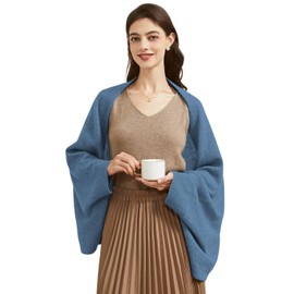 BRYCTSISEN Women's Lightweight Cashmere Shawl Wrap Scarf with Sleeves Outer Warm Knitted Open Front Poncho Cape Fall Winter (30% Cashmere+70% Nylon, Blue)