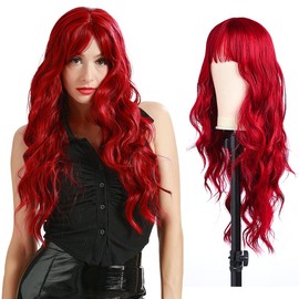 TYTYCC Women's Wigs Synthetic Hair 26 Inch Curly Upgraded Protein Fiber Hair Wig Wavy Wigs with Bangs for Women For Party Daily Wear Bob Wig Cosplay (Dull Red)