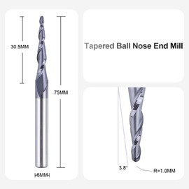 SpeTool CNC Router Bits Ball Nose End Mill 1.0 Radius 6mm Shank Engraving Tool Carving Bit Solid Carbide TiAlN Coated Milling Cutter Tapered Spiral End Mill for 2D 3D Carving Engraving Woodworking