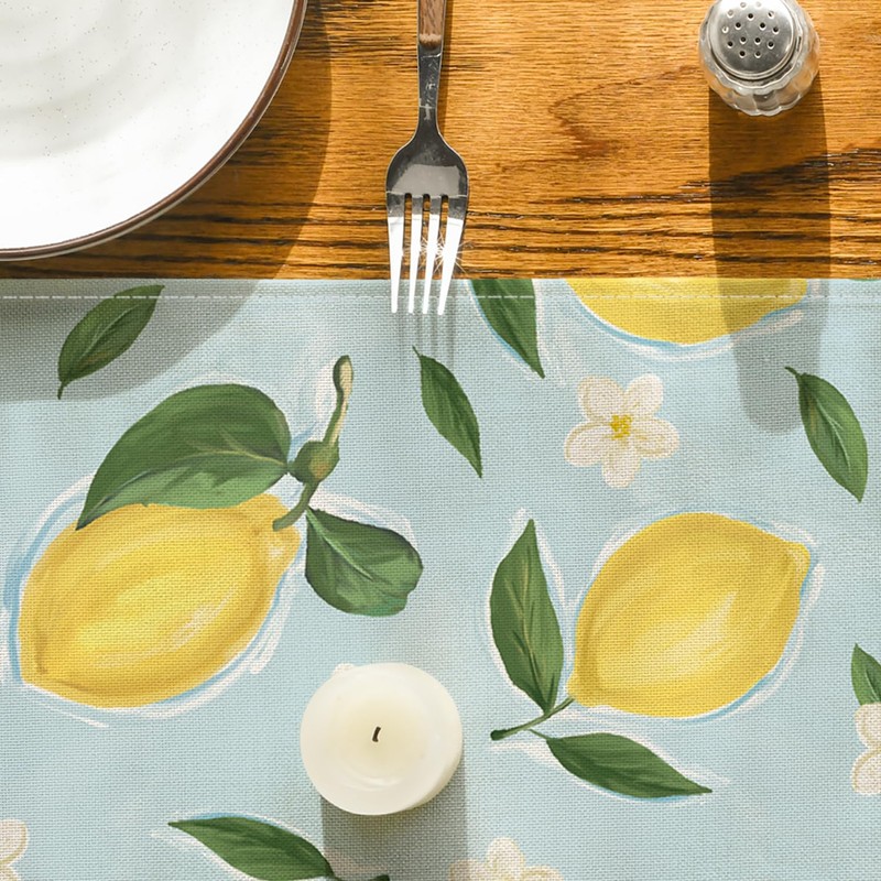 Artoid Mode Blue Lemon Flower Floral Summer Table Runner,Spring Kitchen