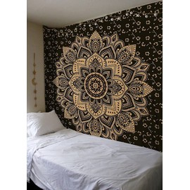raajsee Indian Tapestry, Mandala, Black Gold, Boho Wall Decoration, Aesthetic Room Décor, Mandala Wall Tapestry, Wall Hanging, Psychedelic, 208X232 CM